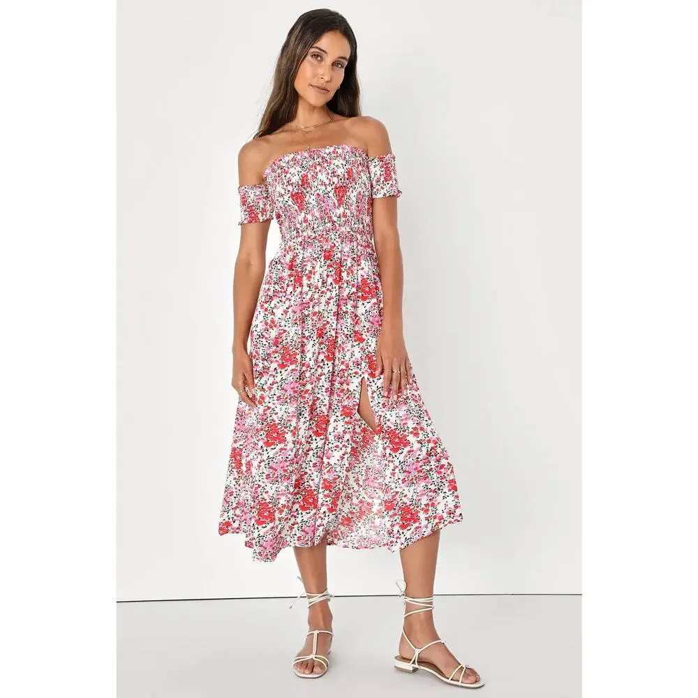 Lulus View From Meadow M Cream Floral Off Shoulder Midi Dress - Picture 1 of 5